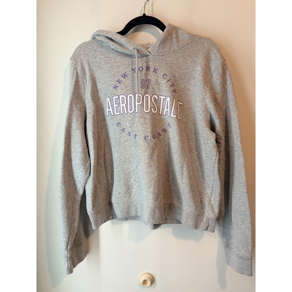 Y2K Aeropostale Hoodie XL Cropped Gray Spellout NYC 87‎ Sweatshirt Womens
